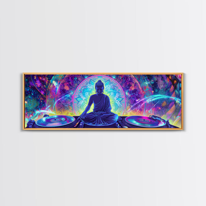 Neon Buddha DJ Canvas Print, Psychedelic Meditation Wall Art, Spiritual Decor, Yoga Studio, Music Room, Vibrant Home Decor