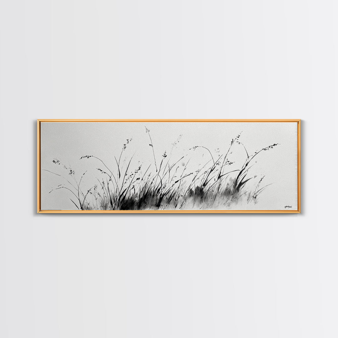 Minimalist Grass Ink Wall Art, Black And White Botanical Canvas Print, Japandi Decor, Neutral Wall Decor, Above Bed Art Print