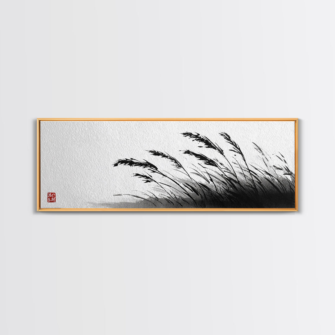 Minimal Ink Grass Reeds Canvas Print, Black And White Japandi Nature Wall Art For Calm Bedroom Decor And Zen Home Decor Print