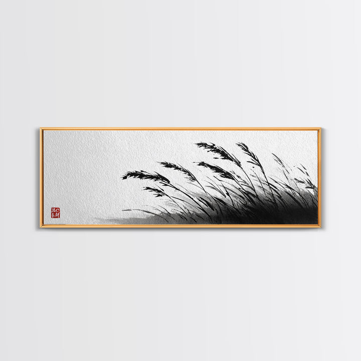 Minimal Ink Grass Reeds Canvas Print, Black And White Japandi Nature Wall Art For Calm Bedroom Decor And Zen Home Decor Print