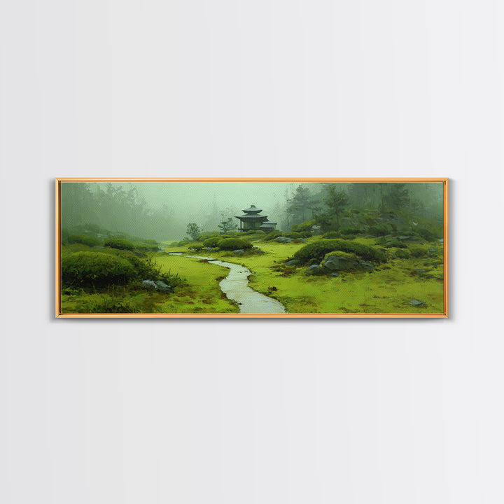 Misty Japanese Garden Path Wall Art, Pagoda Landscape Canvas Print, Zen Home Decor, Japandi Wall Decor, Calming Wall Art