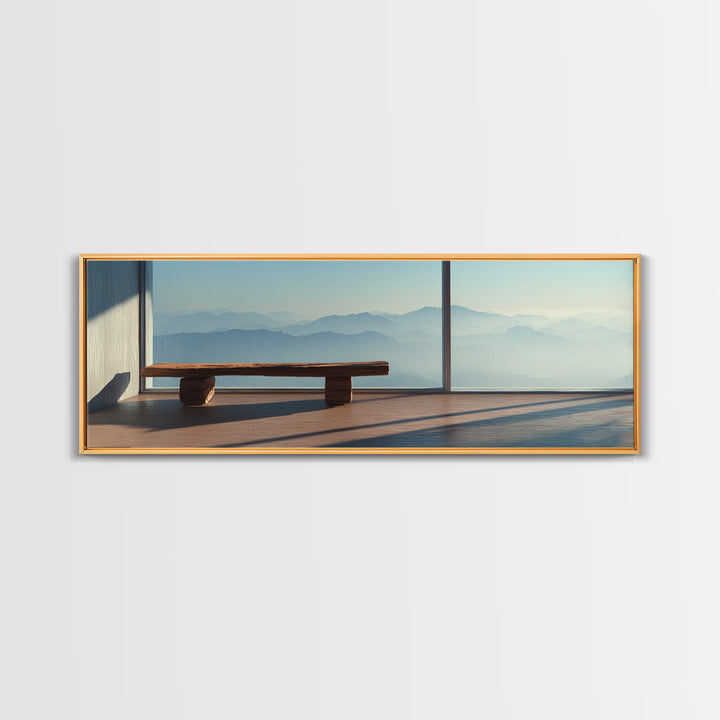 Minimal Mountain View Zen Bench Framed Canvas Print, Japandi Wall Art, Neutral Home Decor, Calming Office Decor, Living Room Decor