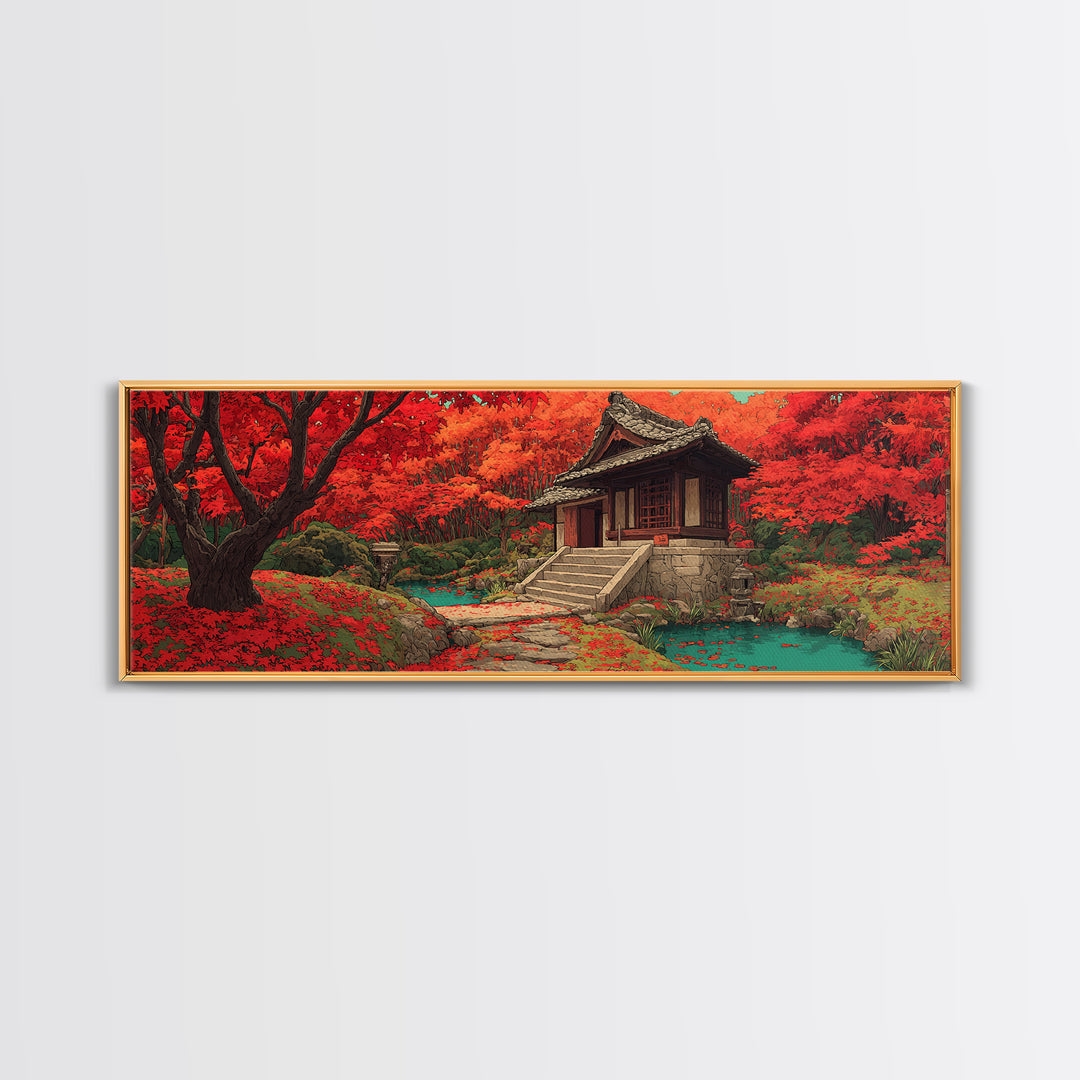 Red Maple Temple And Teal Pond Wall Art, Japanese Landscape, Autumn Forest Decor, Zen Home Decor, Panoramic Canvas Print