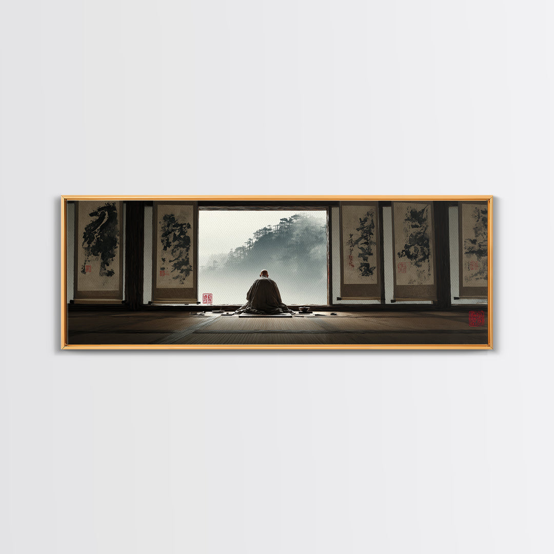 Zen Monk Viewing Misty Mountains Wall Art, Japanese Ink Framed Canvas Print, Meditation Room Decor, Japandi Home Decor, Zen Decor