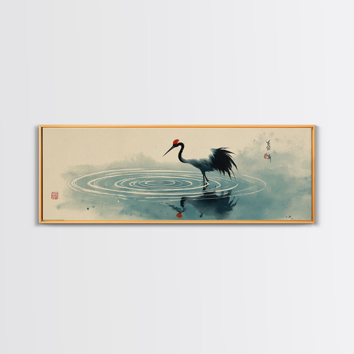 Japanese Crane Ink Painting Wall Art, Zen Bird Canvas Print, Minimalist Asian Decor, Japandi Meditation Room Gift For Her