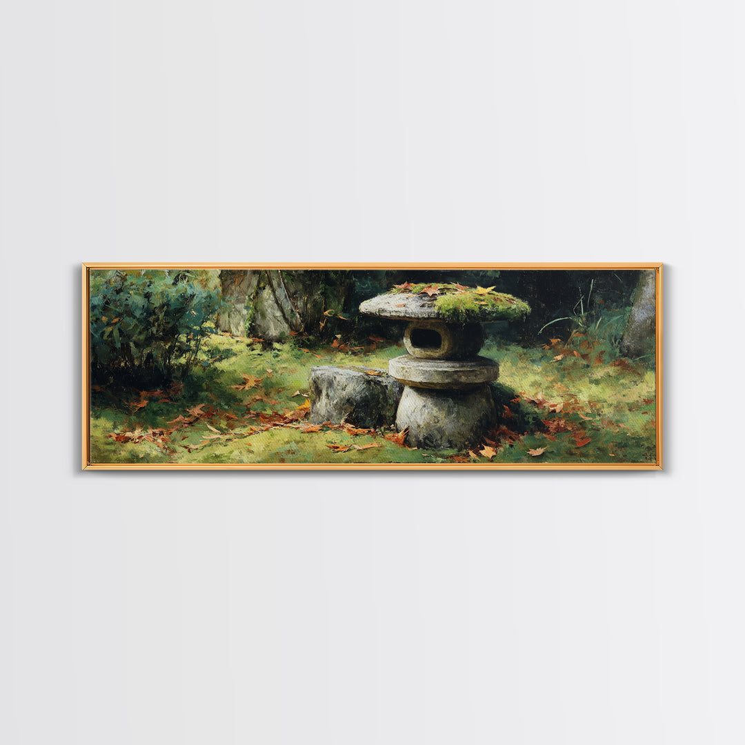 Mossy Japanese Stone Lantern Wall Art, Zen Garden Oil Painting Print, Japandi Decor, Tranquil Nature Framed Canvas Print