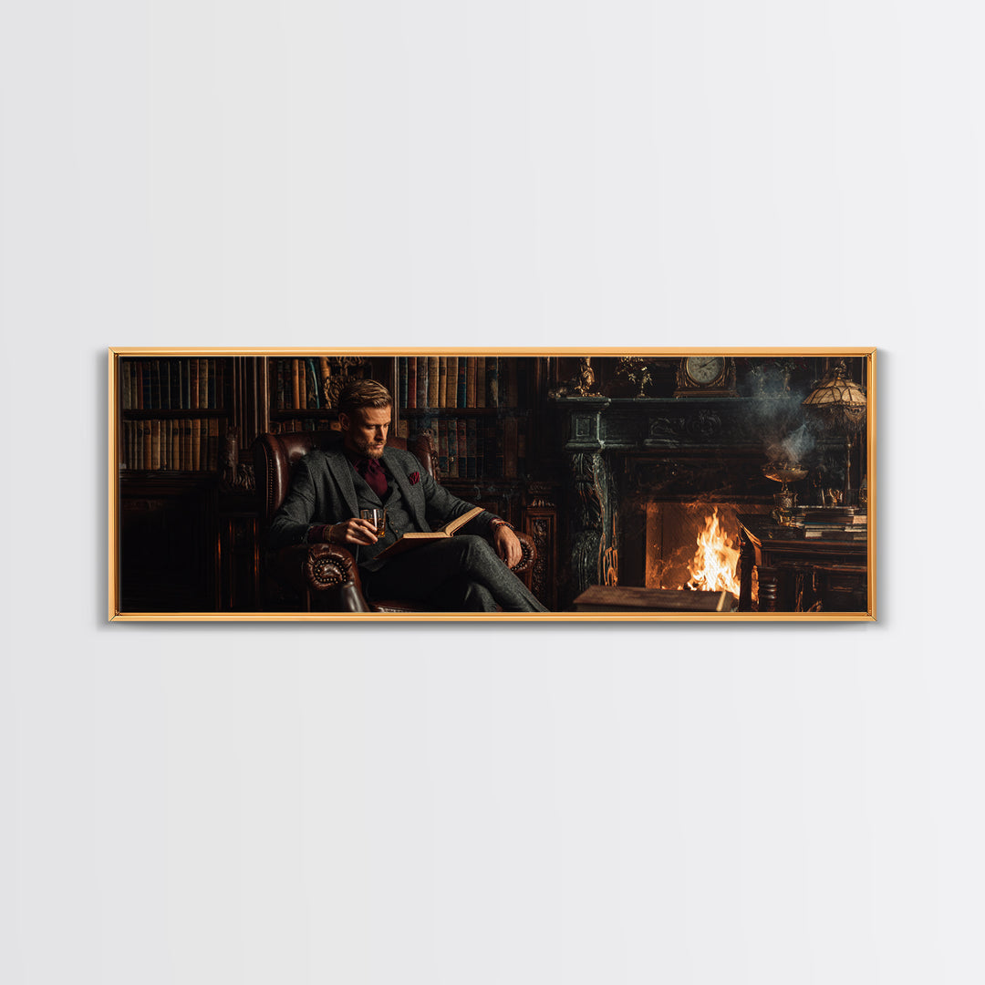 Gentleman Reading By Fireplace Wall Art, Dark Academia Library Canvas Print, Cozy Office Decor, Book Lover Housewarming Gift