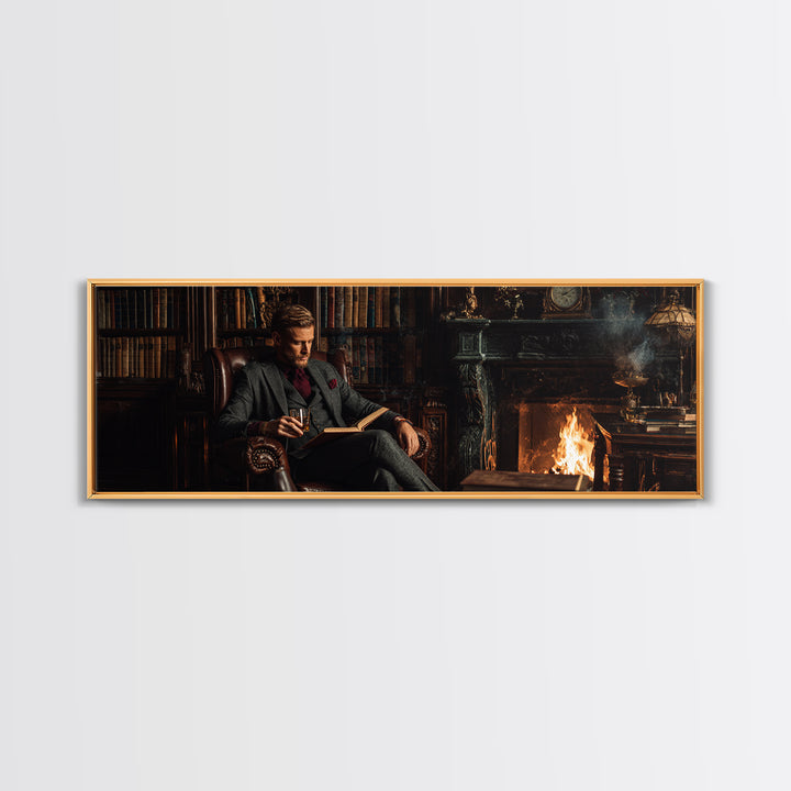 Gentleman Reading By Fireplace Wall Art, Dark Academia Library Canvas Print, Cozy Office Decor, Book Lover Housewarming Gift