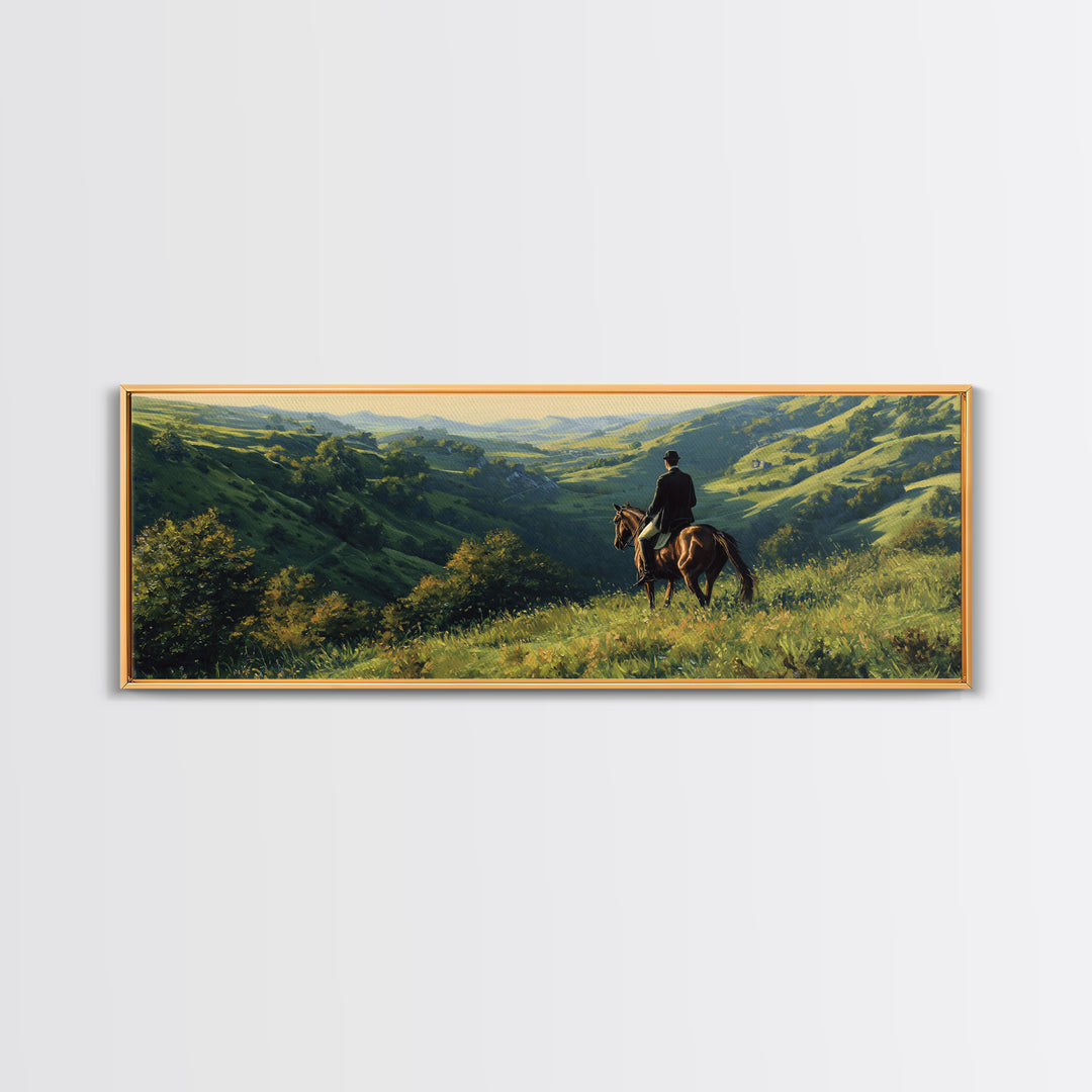 Horse Rider Over Green Valley Wall Art, Panoramic Landscape Canvas Print, Western Country Home Decor, Equestrian Gift For Him