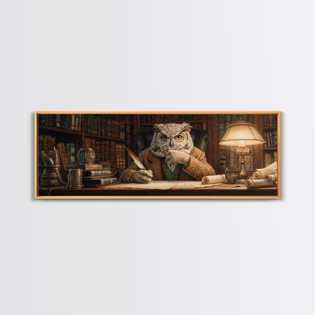 Wise Owl Librarian At Antique Desk Wall Art, Dark Academia Library Decor, Whimsical Animal Art Print For Book Lovers Gift