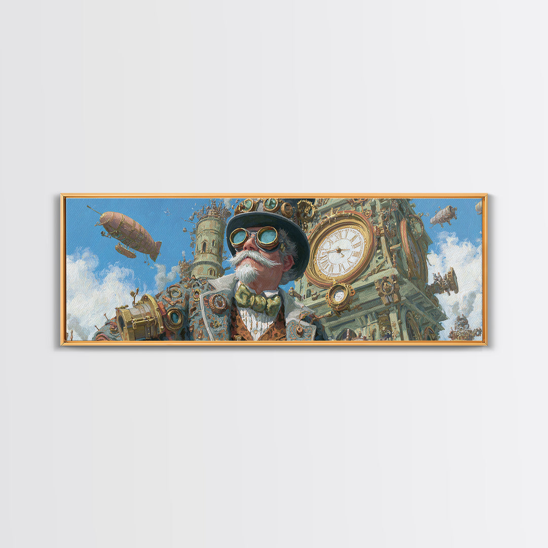 Steampunk Gentleman With Goggles And Clock Tower Wall Art, Victorian Airship Canvas, Industrial Office Decor For Living Room