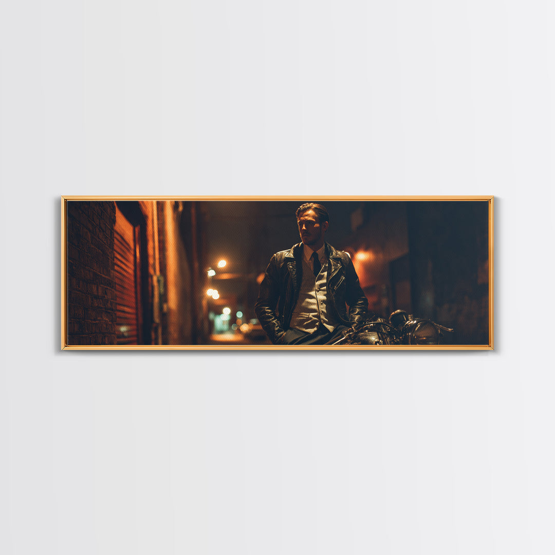 Noir Biker In Shadowed Alley Wall Art, Cinematic Motorcycle Canvas Print, Masculine Man Cave Decor Gift For Him, Urban Office Decor