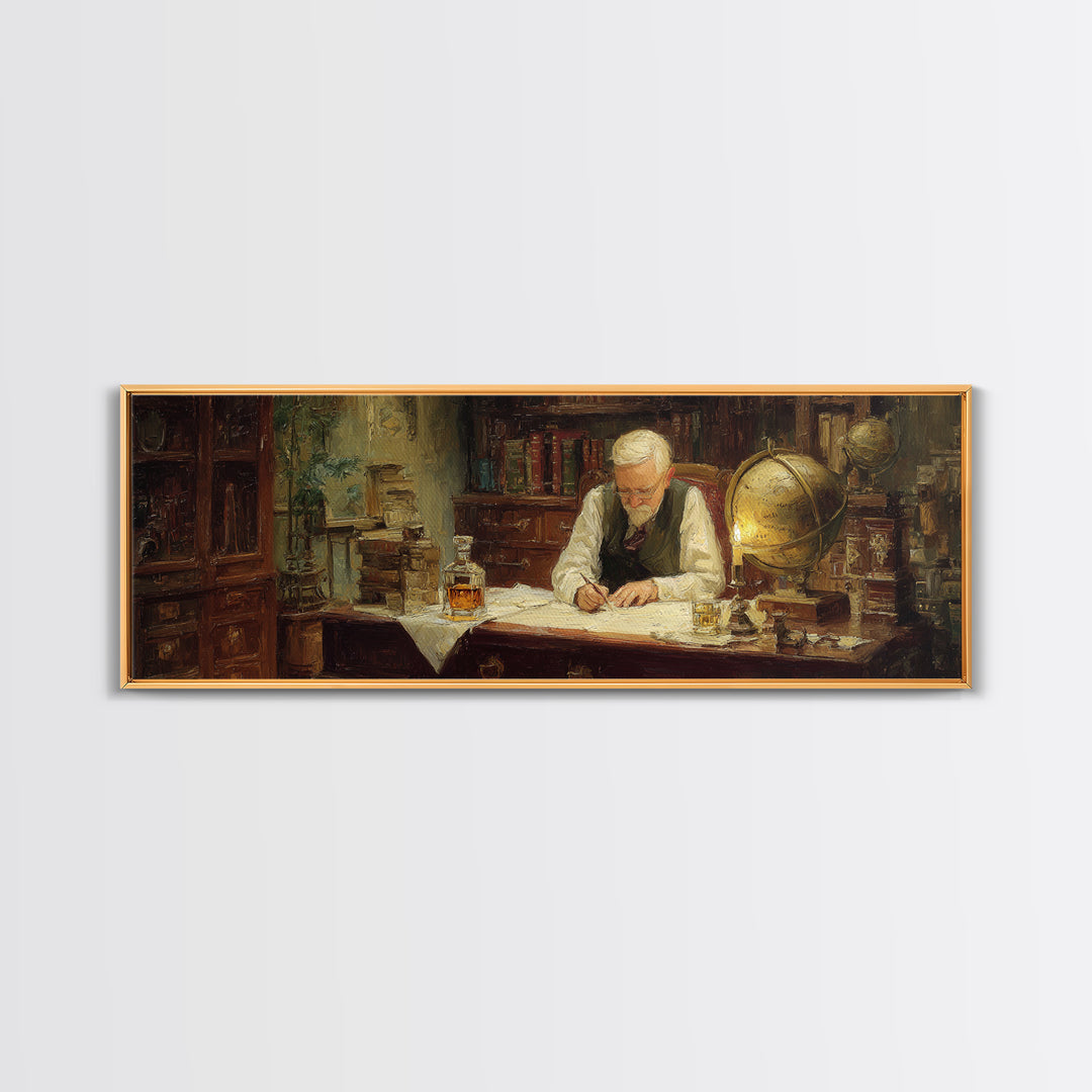Elderly Scholar Writing Maps In Library Wall Art, Antique Globe Canvas Print, Dark Academia Office Decor Gift For Book Lovers