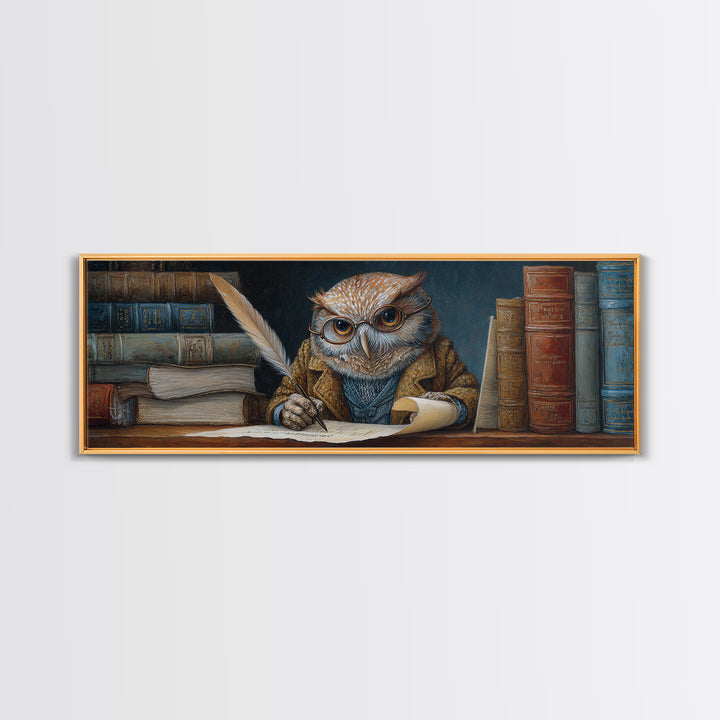 Whimsical Owl Scholar Writing Letters Wall Art, Storybook Animal Canvas Print, Cozy Library Nursery Office Decor Gift For Readers