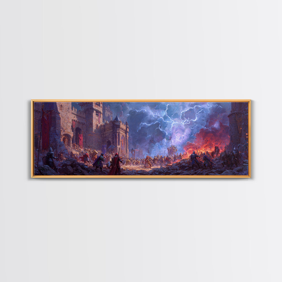 Stormlit Castle Siege Fantasy Battle Wall Art, Medieval Dragon Decor, Epic Landscape Canvas Print, Gamer Room Gift For Him