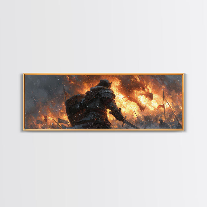 Lone Warrior Before Blazing Battlefield Framed Canvas Print, Dark Fantasy Wall Art, Medieval Battle Decor, Gift For Gamer