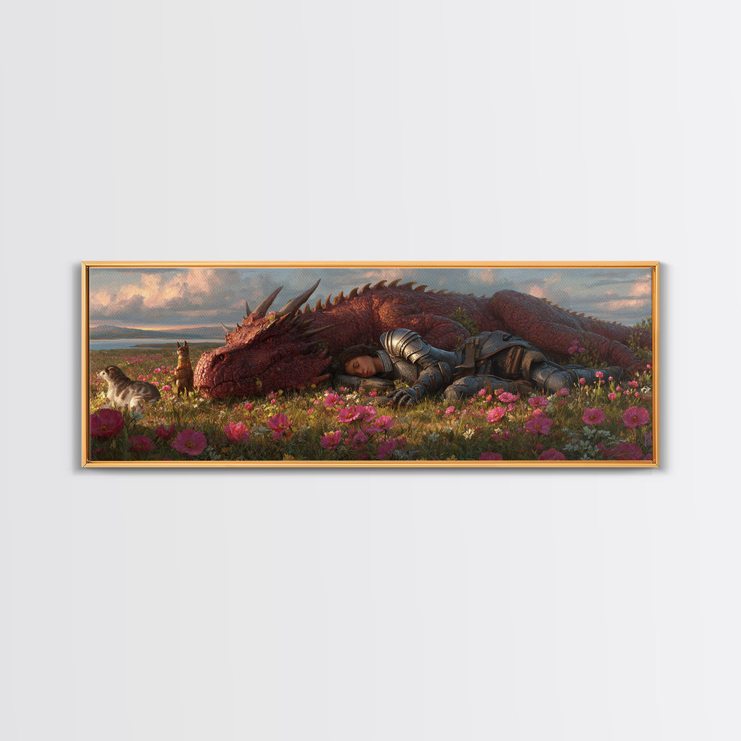 Sleeping Knight With Red Dragon In Flower Meadow Wall Art, Whimsical Fantasy Canvas Print, Nursery Decor Gift For Her And Kids