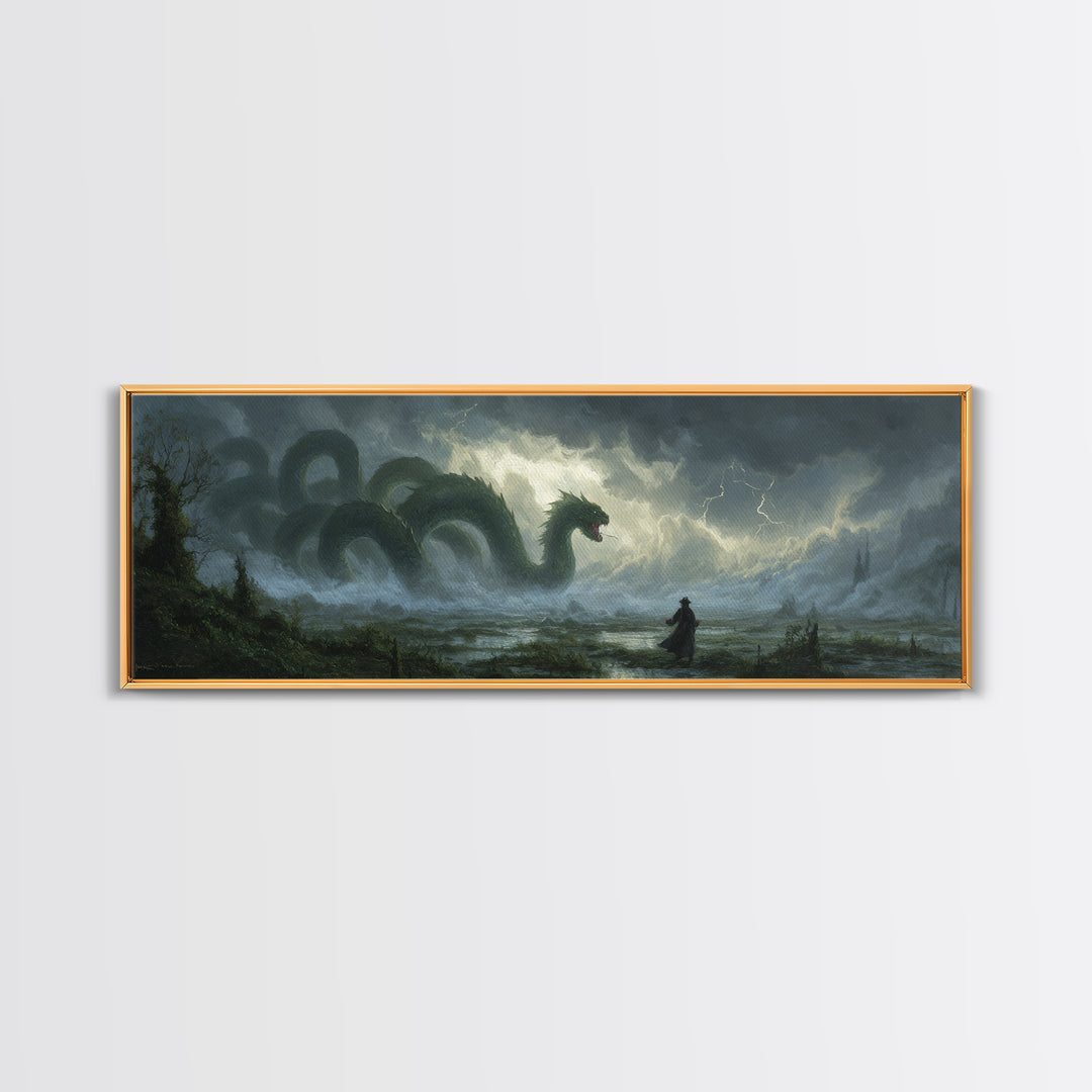 Storm Hydra Rising From Misty Swamp Wall Art, Dark Fantasy Canvas Print, Mythical Monster Home Decor, Gothic Gift For Him