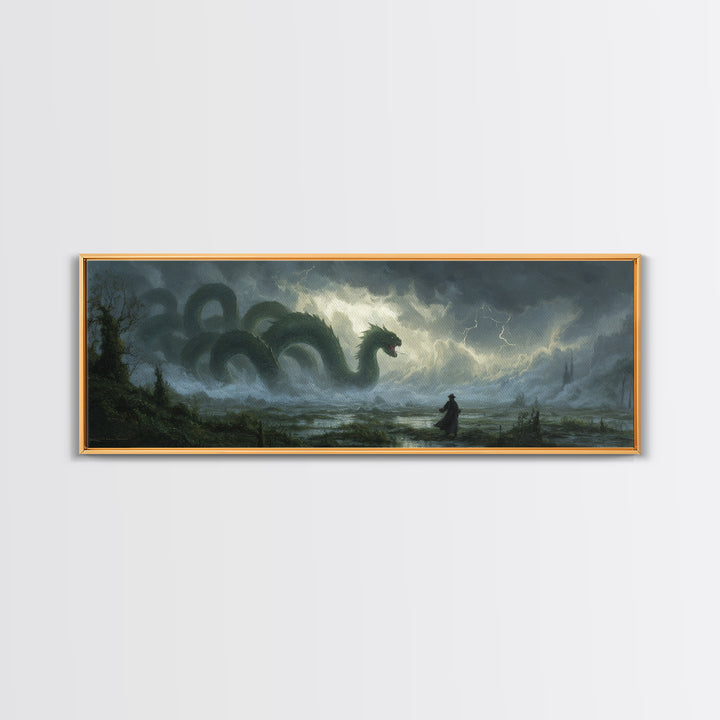 Storm Hydra Rising From Misty Swamp Wall Art, Dark Fantasy Canvas Print, Mythical Monster Home Decor, Gothic Gift For Him