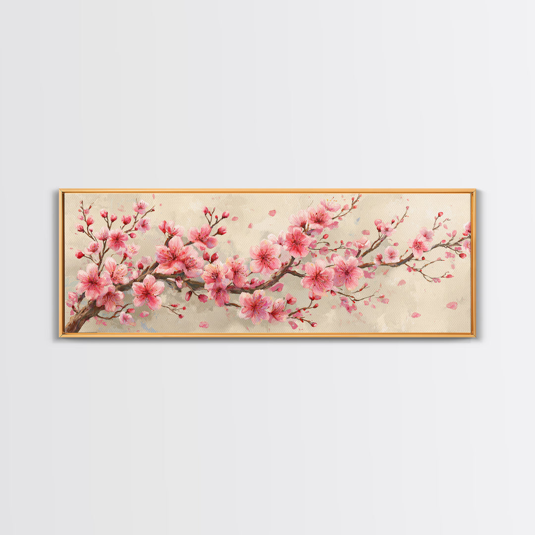 Pink Cherry Blossom Branch Canvas Print, Japanese Spring Wall Art, Botanical Floral Decor, Above Bed Panoramic Artwork Gift
