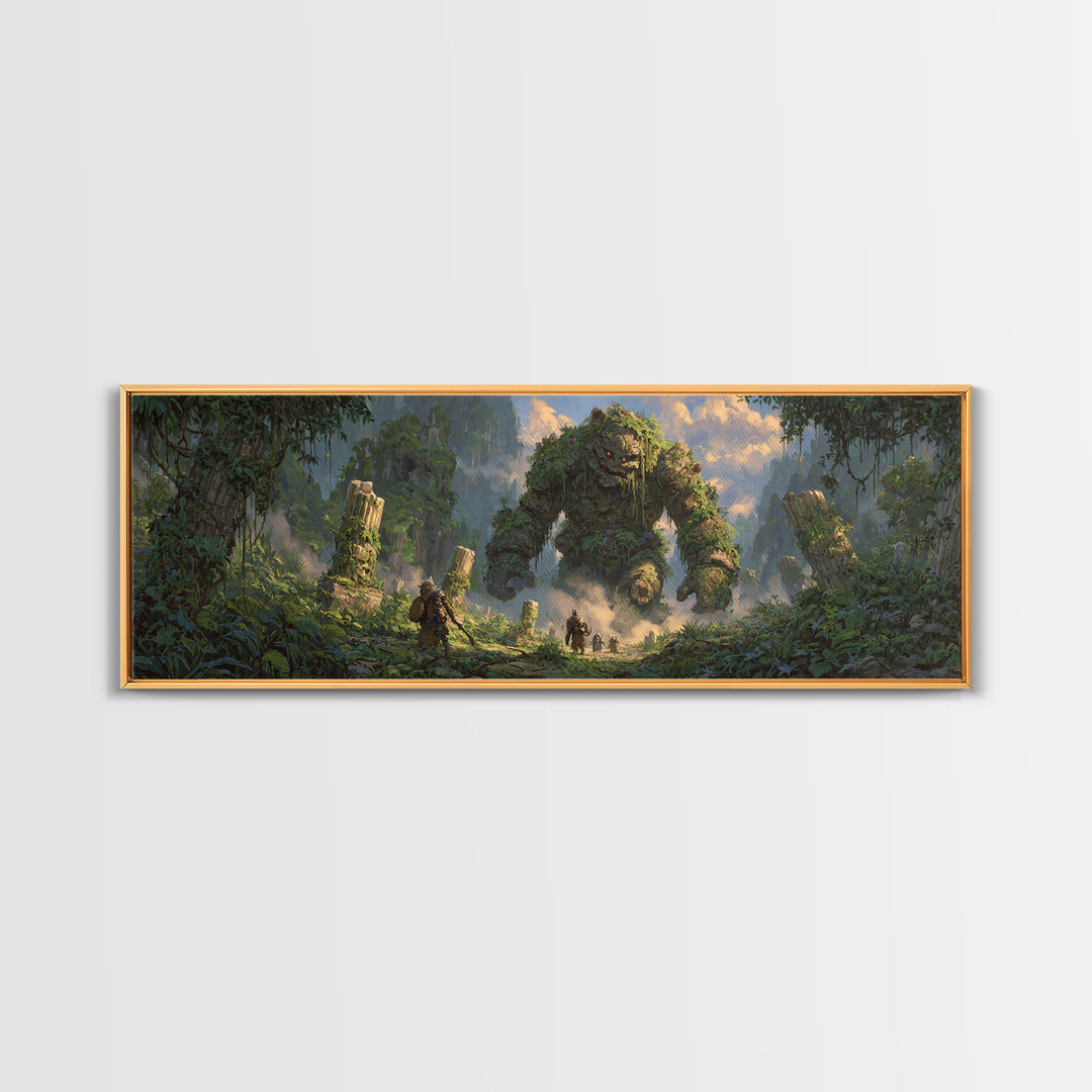 Ancient Jungle Golem Ruins With Adventurers Canvas Print, Fantasy Wall Decor, Large Landscape Art, Mythical Home Decor Gift