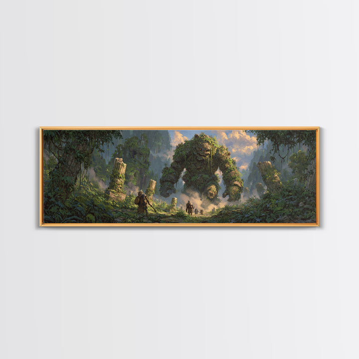 Ancient Jungle Golem Ruins With Adventurers Canvas Print, Fantasy Wall Decor, Large Landscape Art, Mythical Home Decor Gift