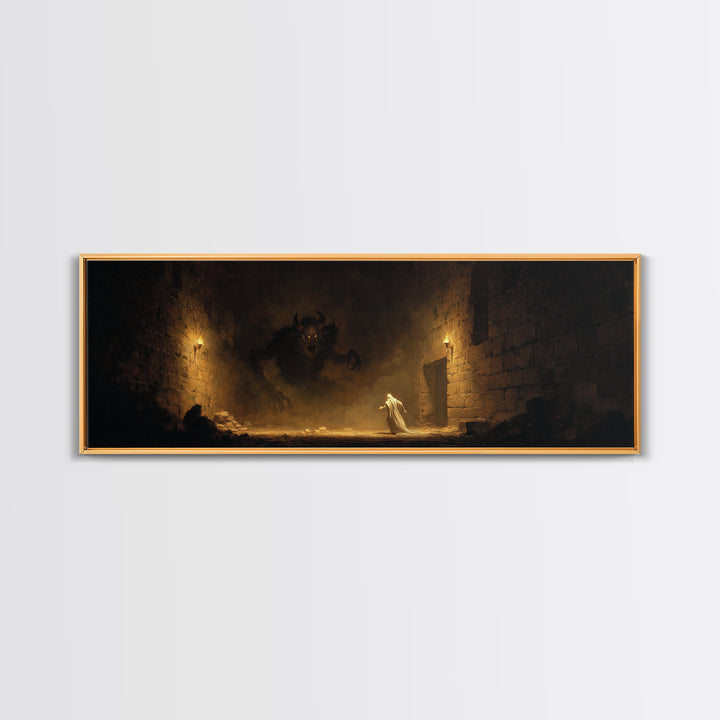 Torchlit Dungeon Minotaur Encounter Framed Canvas Print, Dark Fantasy Wall Art, Gothic Decor, Fantasy Gift For Him, Moody Wall Decor