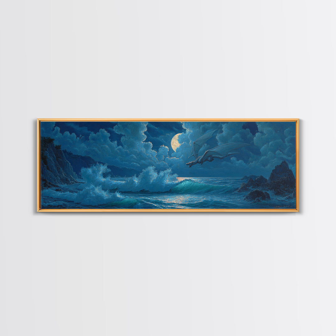Moonlit Ocean Dragon Above Crashing Waves Canvas Print, Fantasy Wall Art, Nautical Decor, Blue Coastal Seascape Print Gift