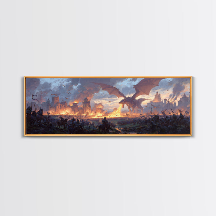 Epic Dragon Siege Over Burning Kingdom Framed Canvas Print, Fantasy Wall Art, Medieval Battle Decor, Game Room Art, Large Wall Decor