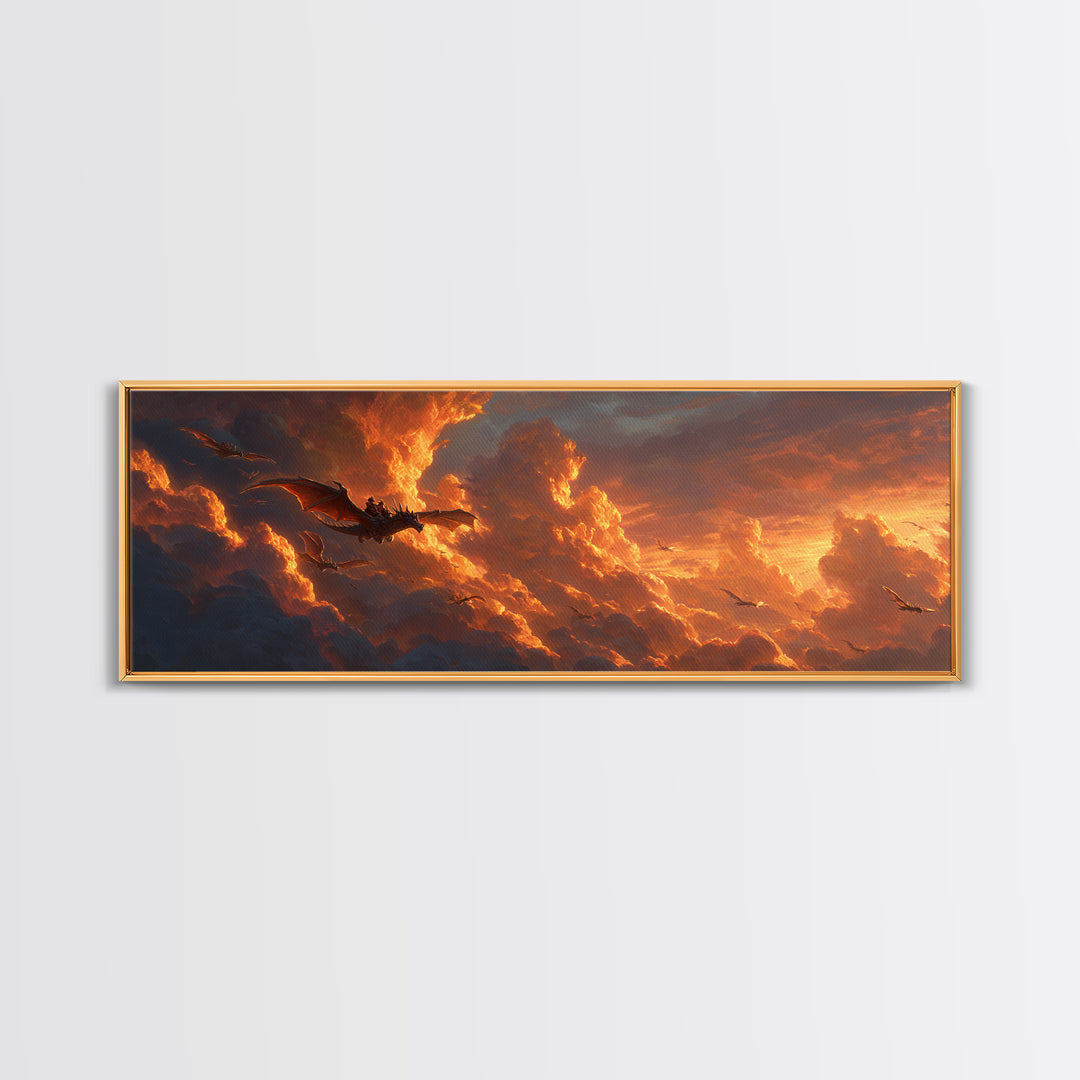 Golden Storm Clouds With Soaring Dragons Canvas Print, Fantasy Wall Art, Sunset Sky Decor, Epic Landscape Art Print, Living Room Decor