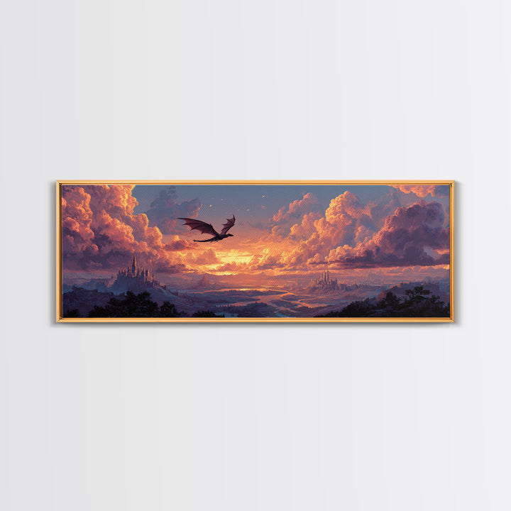 Pastel Dragon Over Cloud Castles At Sunset Canvas Print, Fantasy Landscape Wall Art, Whimsical Decor, Dreamy Nursery Art