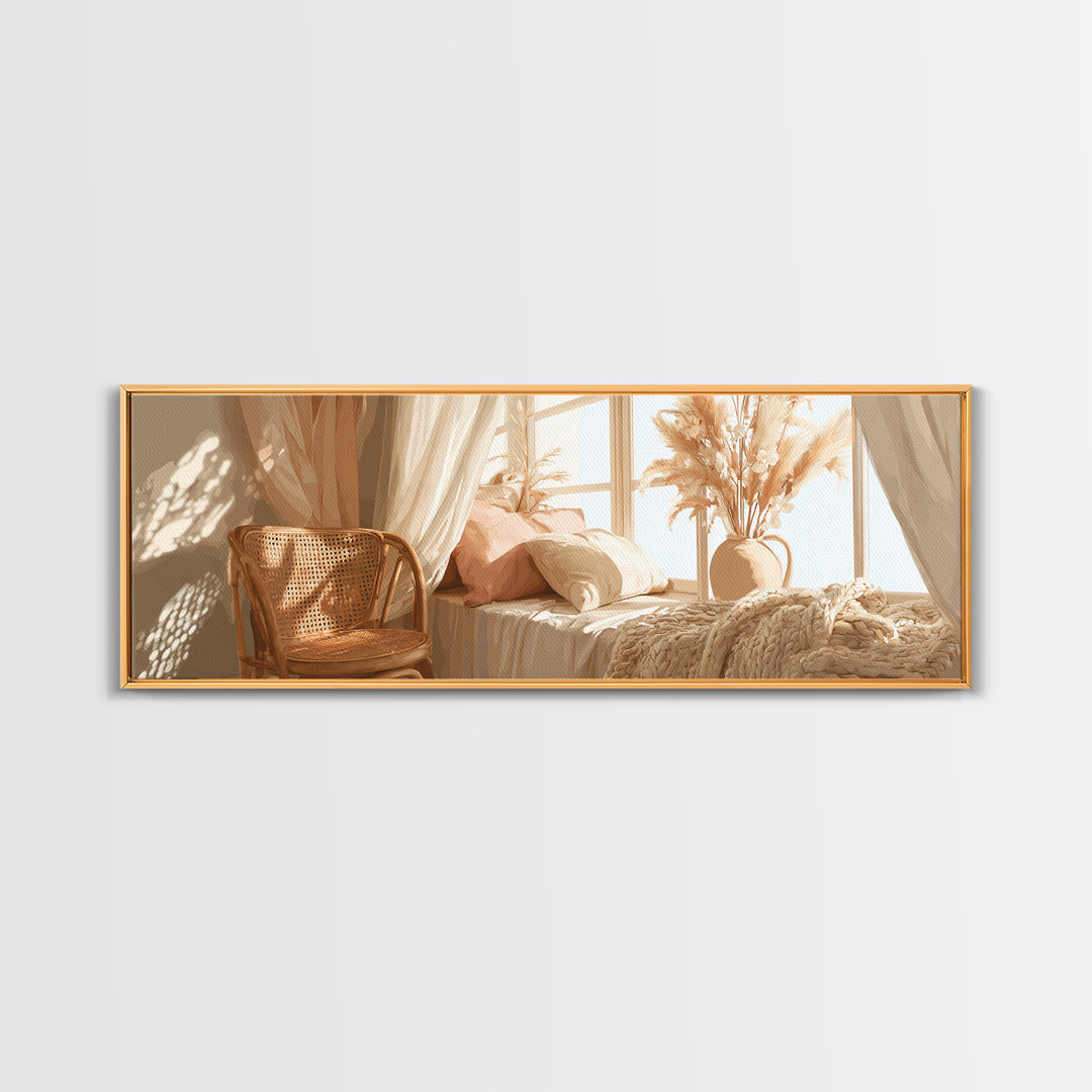 Sunlit Boho Bedroom With Pampas Grass Wall Art, Warm Neutral Above Bed Decor, Cozy Home Decor, Large Horizontal Canvas Print