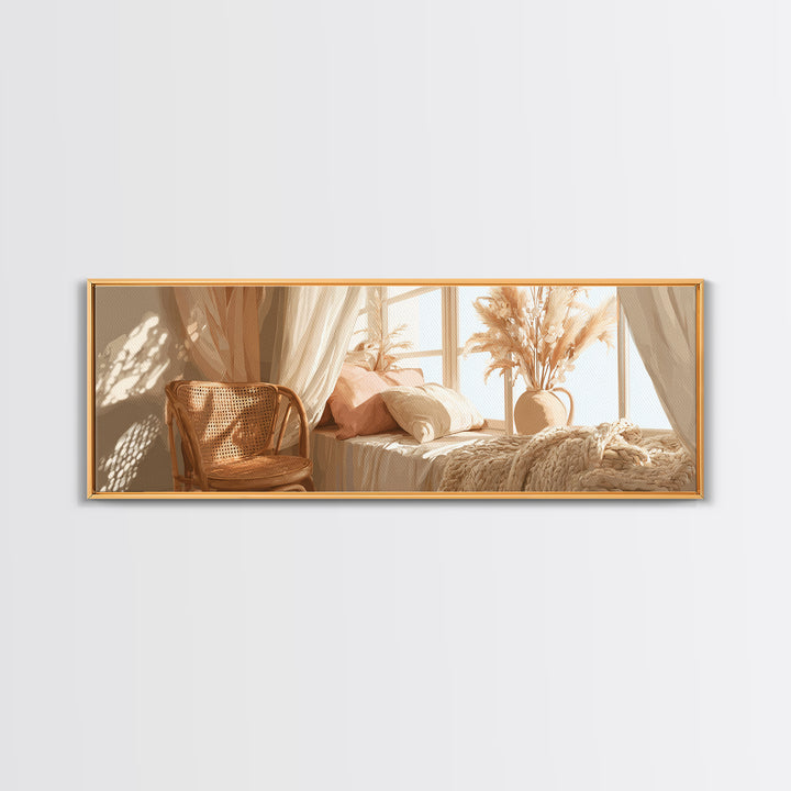 Sunlit Boho Bedroom With Pampas Grass Wall Art, Warm Neutral Above Bed Decor, Cozy Home Decor, Large Horizontal Canvas Print