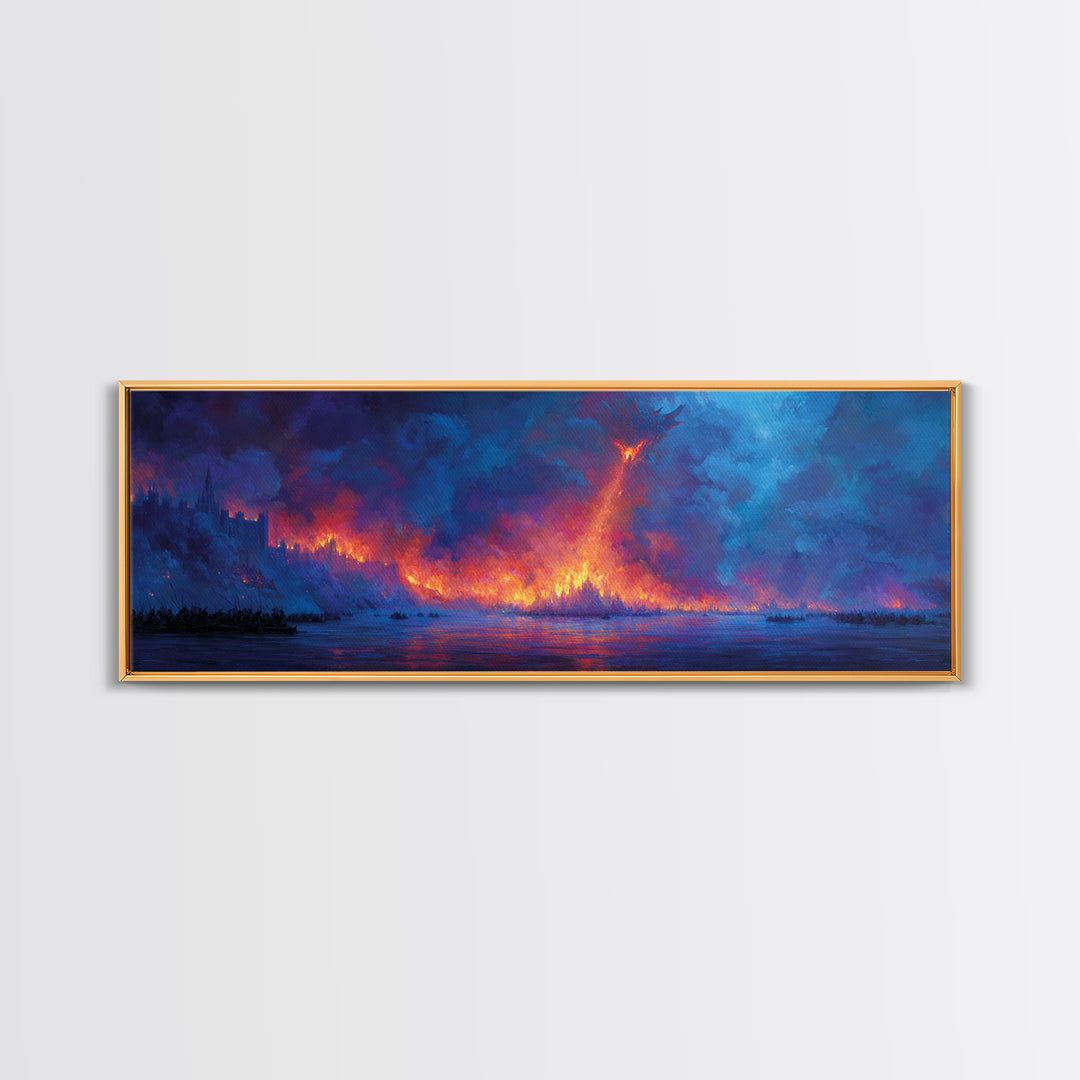 Fire Dragon Over Burning Forest Wall Art, Fantasy Landscape Canvas Print, Dark Moody Wall Decor, Panoramic Art Gift For Him