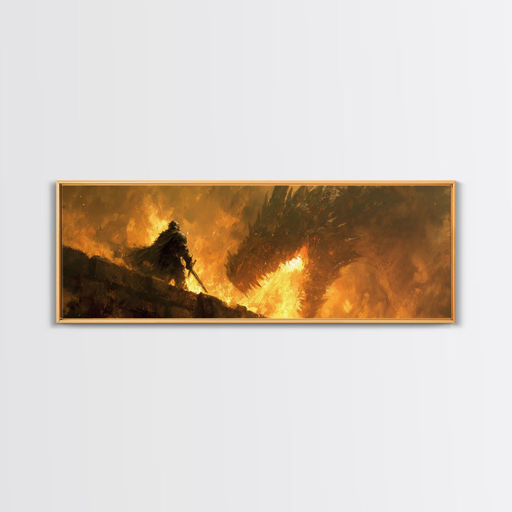Lone Warrior Facing Fire Dragon Wall Art, Dark Fantasy Canvas Print, Epic Battle Decor, Medieval Gift For Him, Large Art