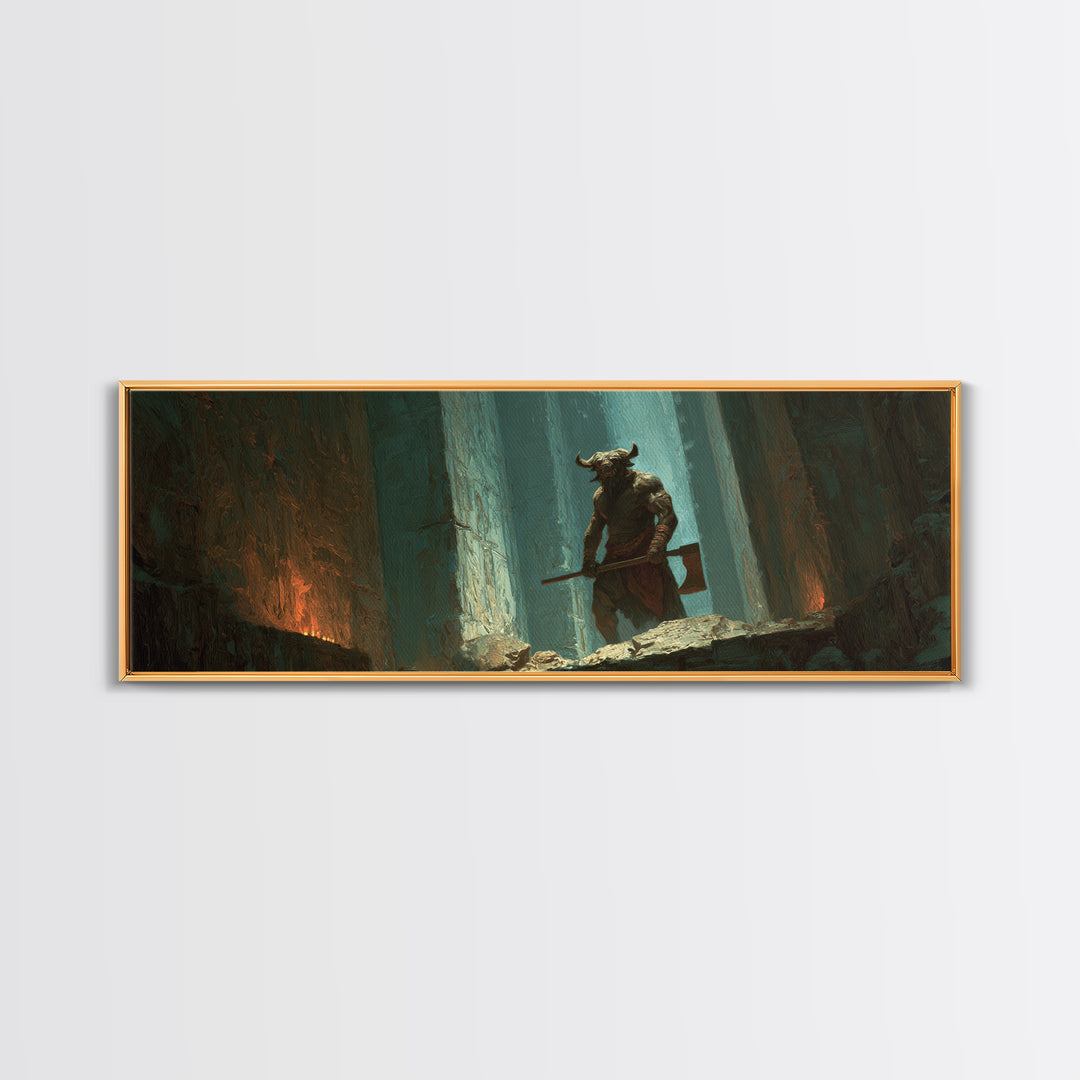 Minotaur Warrior In Ancient Forest Framed Canvas Print, Dark Fantasy Wall Art, Gothic Decor, Mythological Art Gift For Him