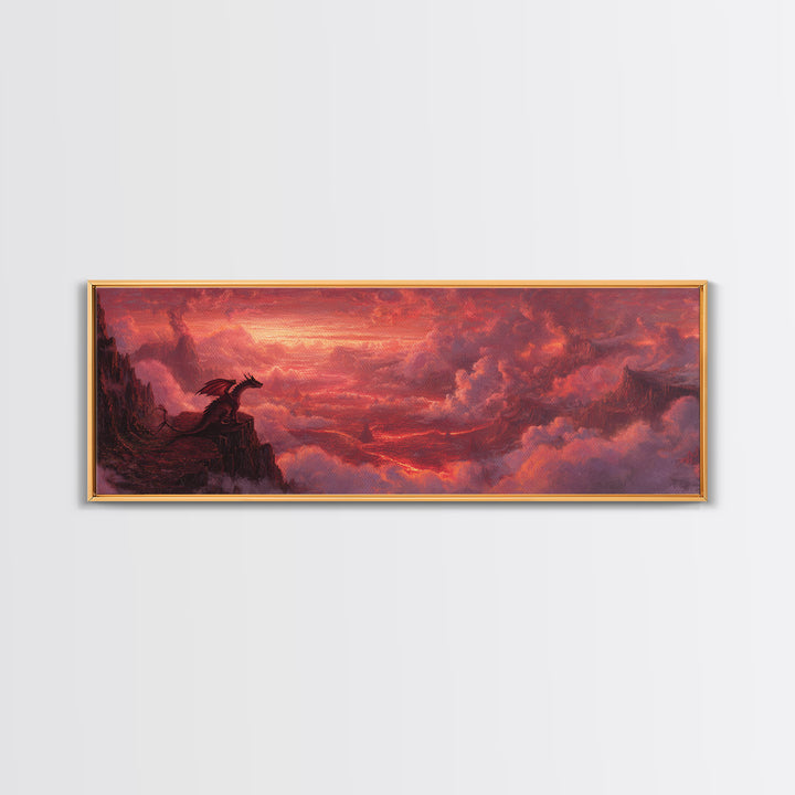 Red Dragon On Volcanic Cliff Wall Art, Dark Fantasy Landscape Canvas Print, Gothic Decor, Moody Panoramic Art Gift For Him