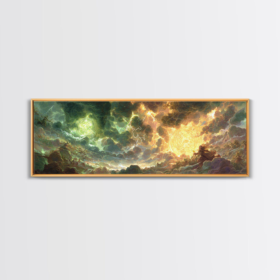 Celestial Storm Kingdom With Golden Light Framed Canvas Print, Fantasy Wall Art, Surreal Landscape Decor, Epic Gift For Him