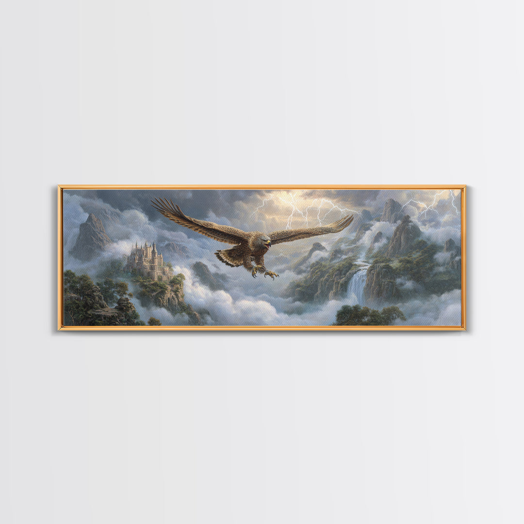 Soaring Eagle Over Misty Castle Mountains Framed Canvas Print, Fantasy Landscape Wall Art, Stormy Medieval Home Decor Gift