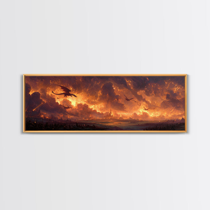 Fiery Dragons Over Apocalyptic Kingdom Framed Canvas Print, Dark Fantasy Wall Art, Epic Dragon Battle Home Decor For Game Room