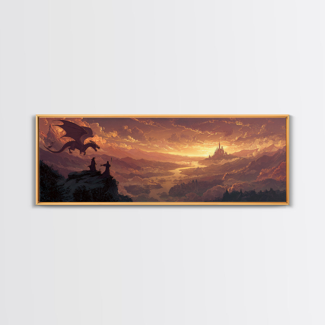 Sunset Dragon Watchers Above Golden Valley Canvas Print, Fantasy Landscape Wall Art, Medieval Castle Home Decor Gift For Him