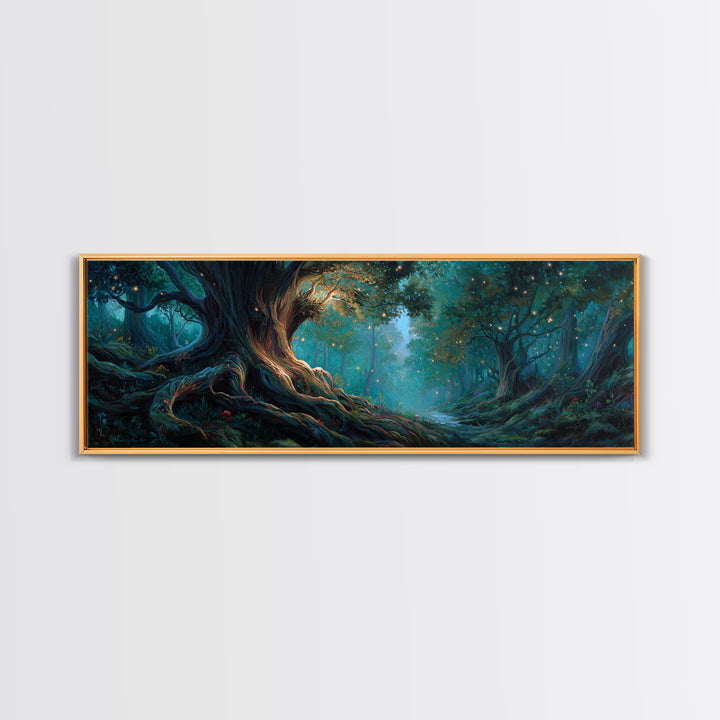 Ancient Glowing Tree In Enchanted Forest Framed Canvas Print, Fantasy Woodland Wall Art, Moody Nature Home Decor Gift For Her