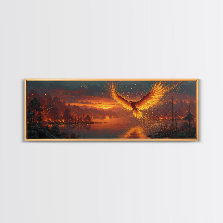 Fiery Phoenix Rising Over Burning Lake Framed Canvas Print, Fantasy Bird Wall Art, Large Vibrant Nature Home Decor Gift For Her