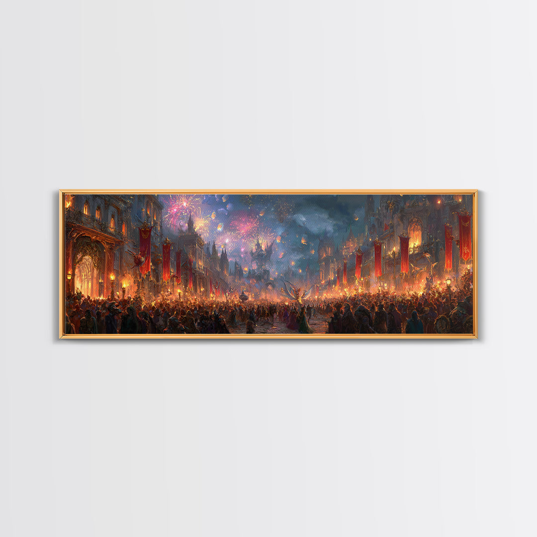 Firework Festival In Magical Medieval City Canvas Print, Fantasy City Wall Art, Maximalist Living Room Home Decor Gift Idea