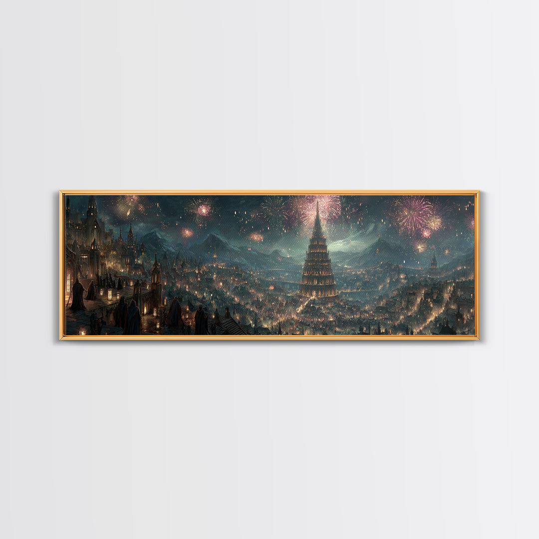 Grand Fantasy City With Fireworks And Tower Framed Canvas Print, Magical Castle Wall Art, Night Skyline Home Decor Gift For Her