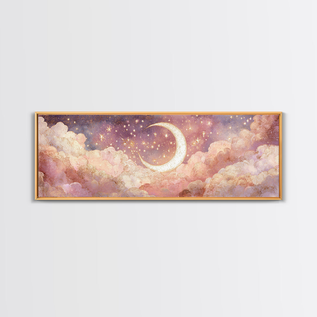 Glowing Crescent Moon In Pink Clouds Wall Art, Dreamy Celestial Nursery Decor, Whimsical Bedroom Decor, Framed Canvas Print
