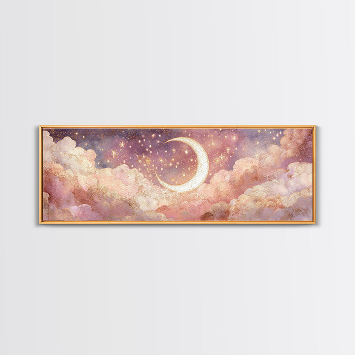 Glowing Crescent Moon In Pink Clouds Wall Art, Dreamy Celestial Nursery Decor, Whimsical Bedroom Decor, Framed Canvas Print