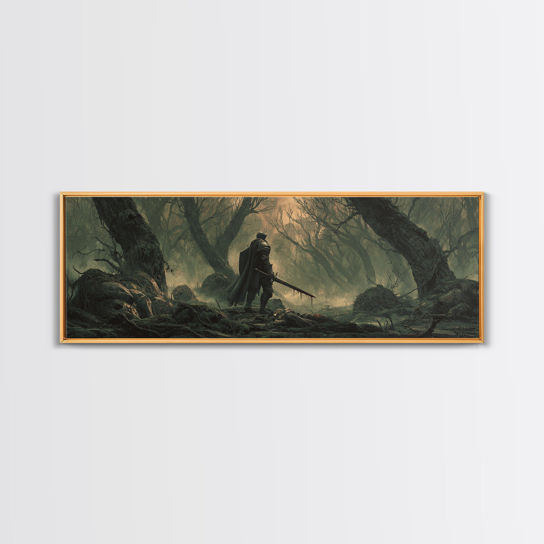Dramatic Moody Forest Warrior Knight Painting Dark Art Framed Canvas Print Medieval Wall Art Home Decor