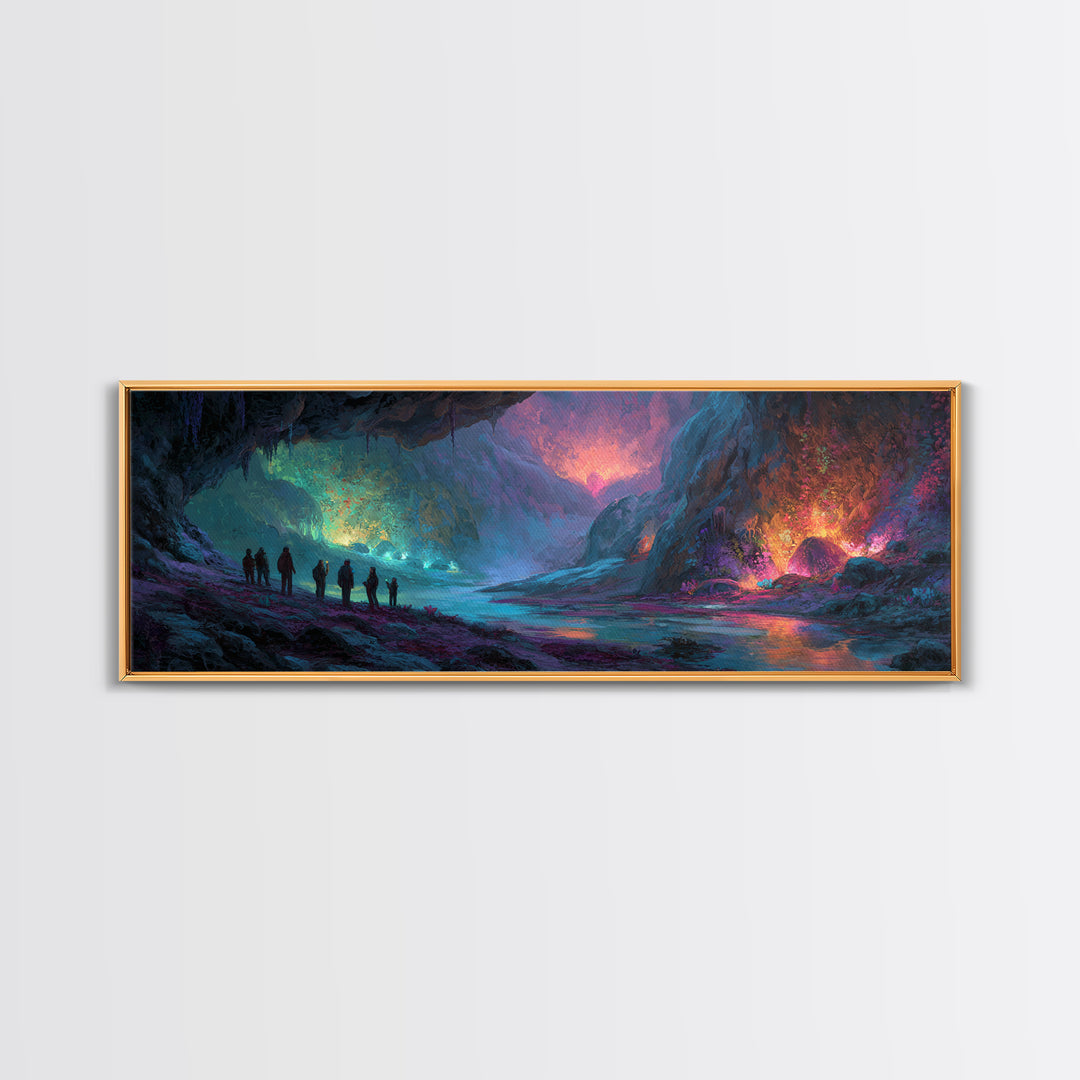 Mystical Illuminated Cave Explorers Awesome Fantasy Landscape Artwork Canvas Print Wall Art For Unique Home Decor