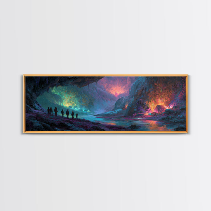 Mystical Illuminated Cave Explorers Awesome Fantasy Landscape Artwork Canvas Print Wall Art For Unique Home Decor